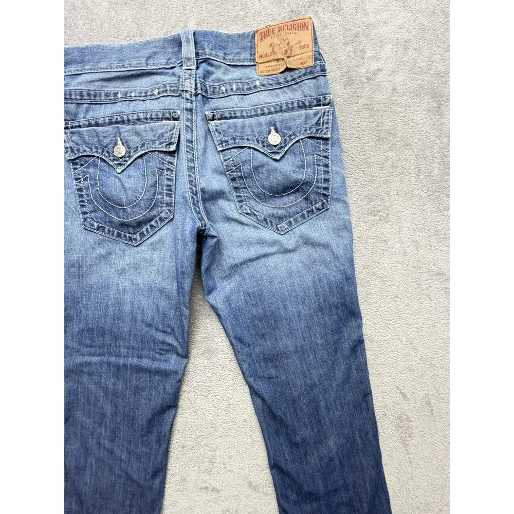 True Religion Jeans Mens Measured 34x33 Blue Bootcut Relaxed Distressed Logo